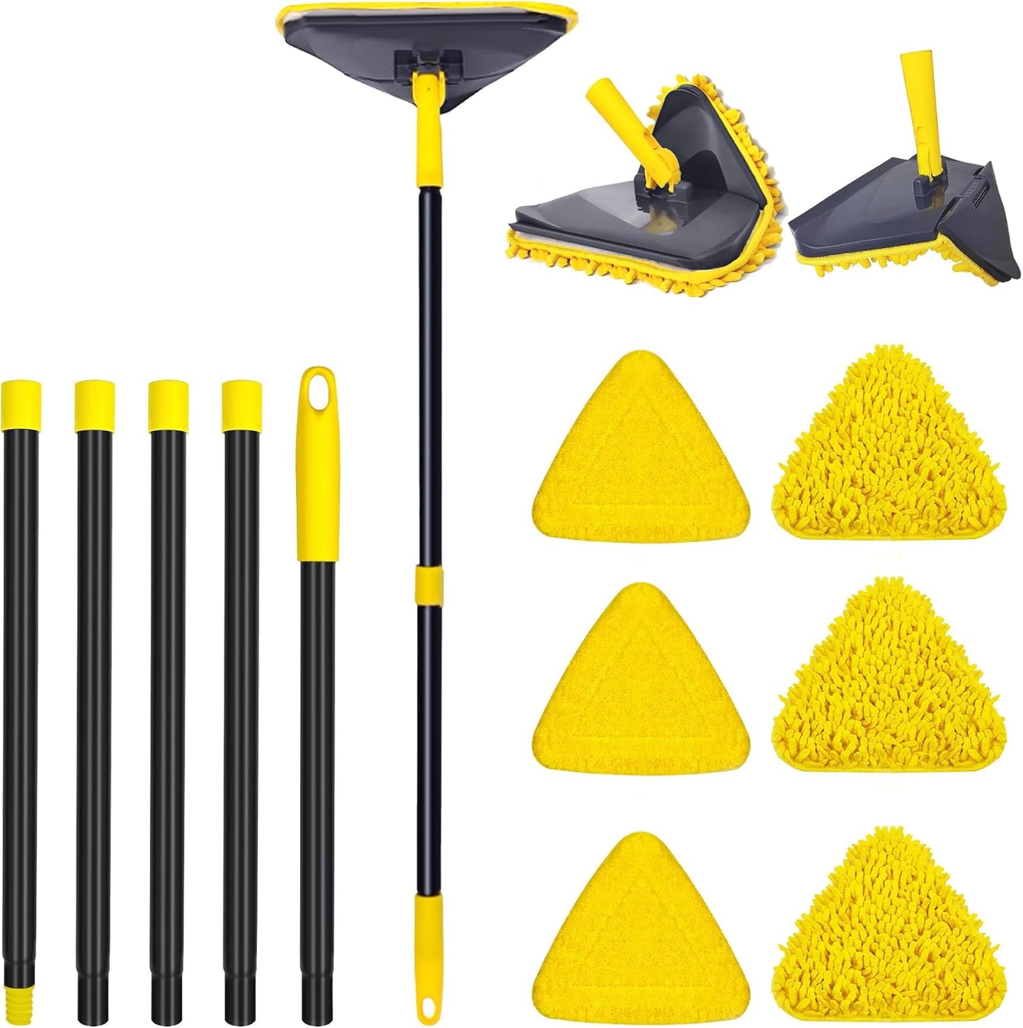 Wall Cleaner Mop with 82" Handle, 360° Rotating Triangle Head and Microfiber Pads, Built-in Squeegee for Ceiling Mop, Baseboard Cleaning and Windows