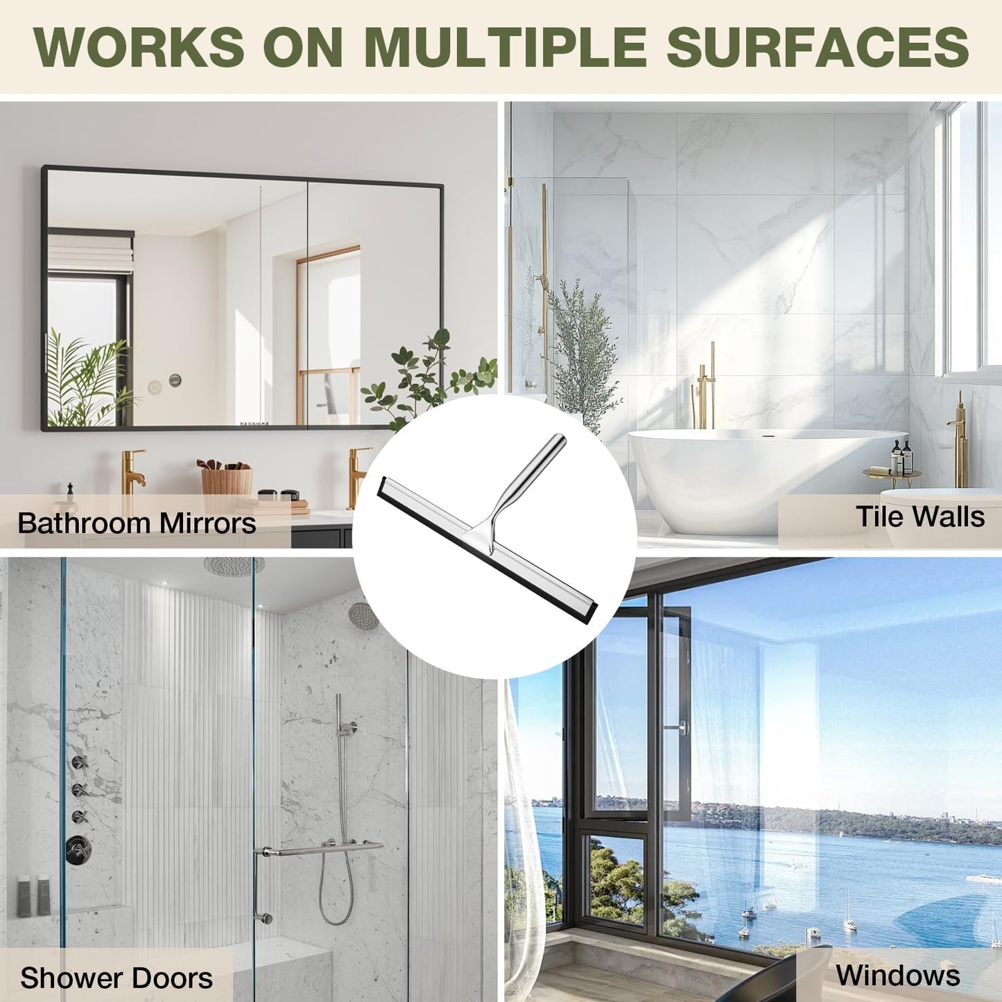 FARMER Shower Squeegee for Glass Doors, 10-Inch Glass Squeegee for Windows, Car Glass and Mirrors, Multi-Purpose Stainless Steel Squeegee with Suction Wall Hook and Over Door Hook, Silver