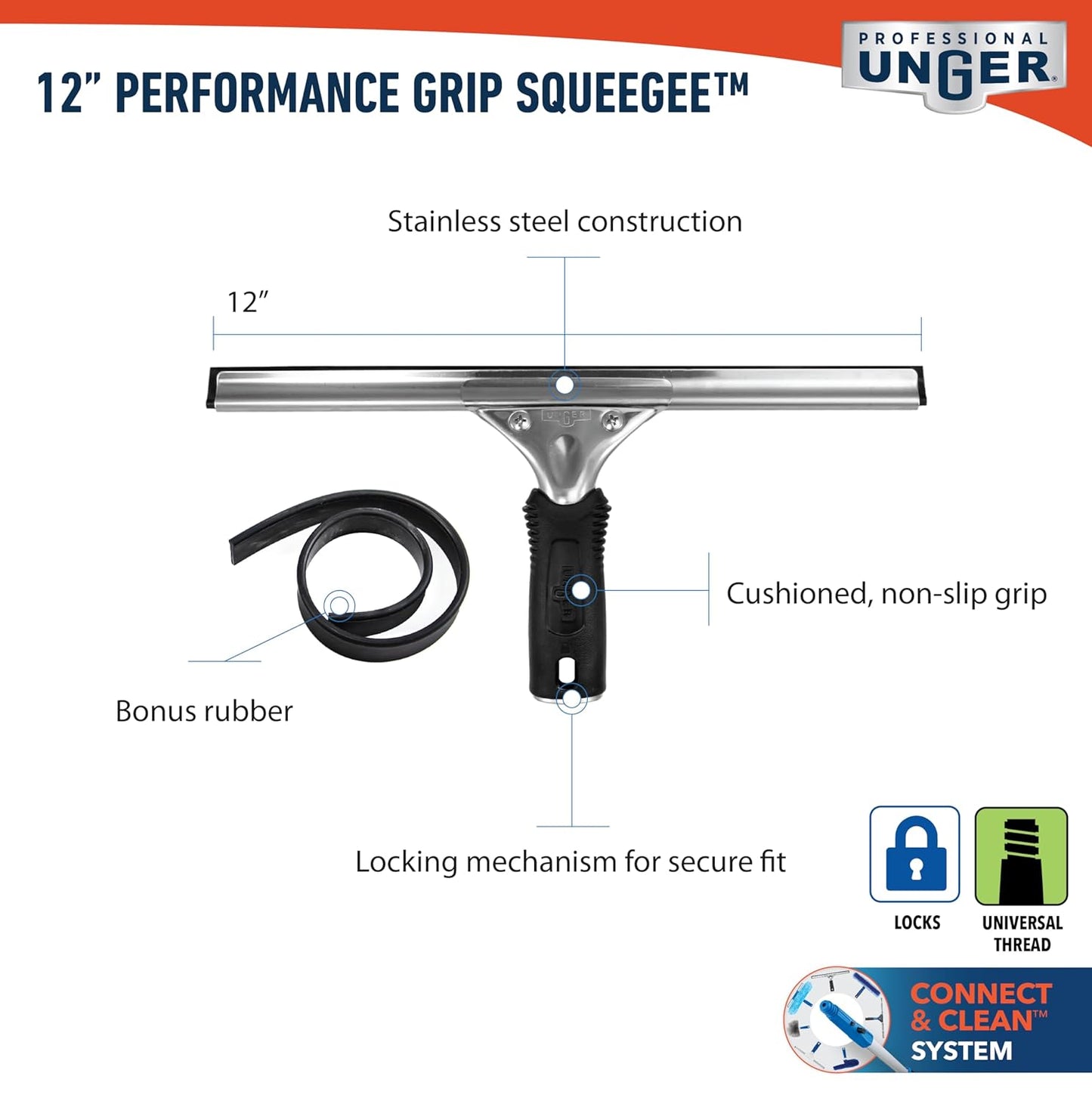 Unger Connect and Clean 16” Performance Window and Glass Cleaning Squeegee with Replacement Rubber, Cleaning Supplies, Heavy Duty Household Cleaner Tools with Streak-Free Results