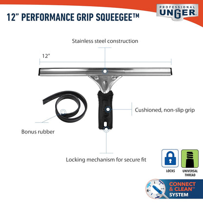 Unger Connect and Clean 16” Performance Window and Glass Cleaning Squeegee with Replacement Rubber, Cleaning Supplies, Heavy Duty Household Cleaner Tools with Streak-Free Results