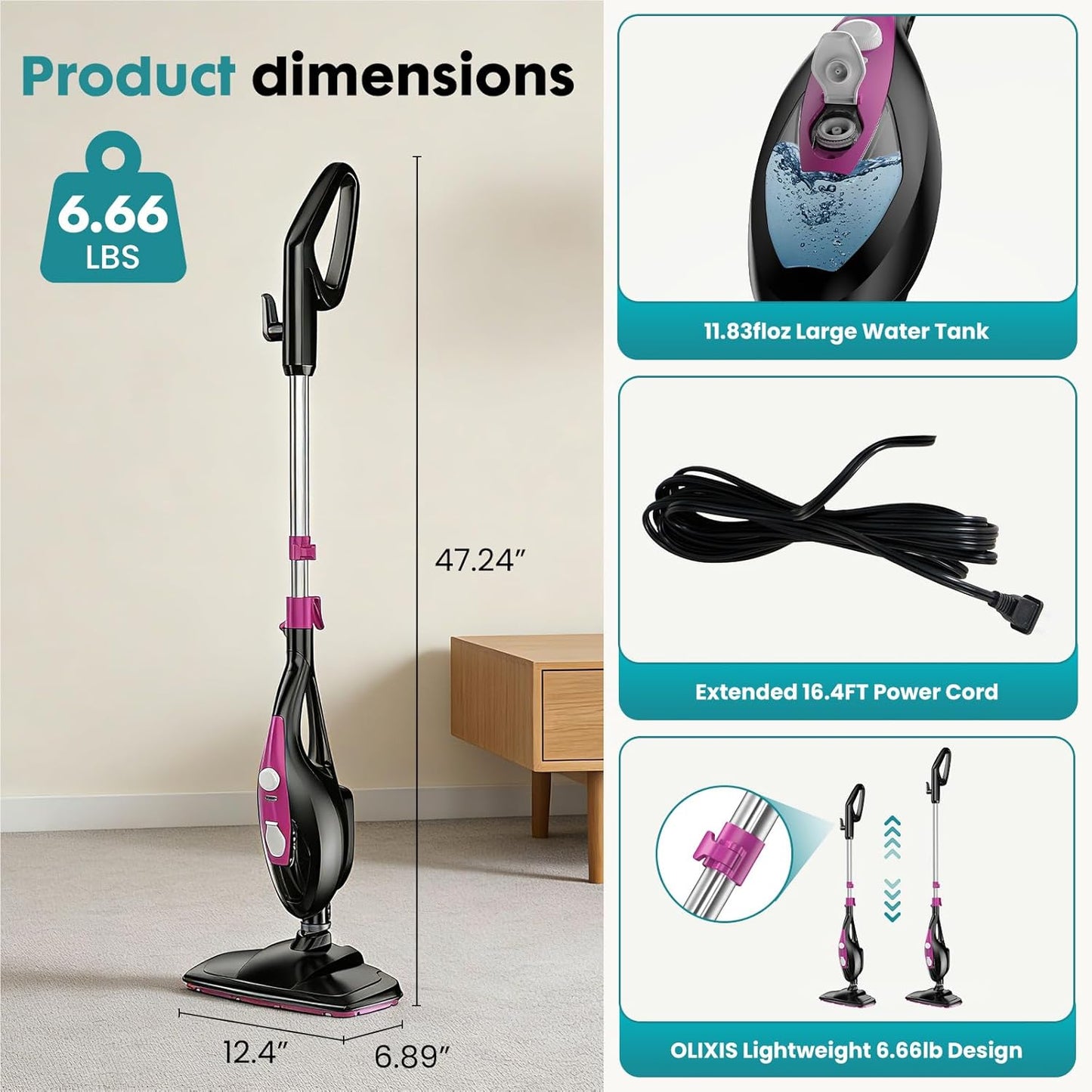OLIXIS 10-in-1 Steam Mop, 1550W Detachable Handheld Steam Cleaner for Floor Cleaning, 16FT Cord, 2 Washable Pads, Multi-Purpose Floor Steamer for Hardwood, Carpet, Tile, Grout, Windows, White Green