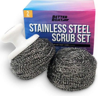 Stainless Steel Scrubber Set, Marine Grade Steel Wool Scouring Pads Scrub with Brush Handle, Heavy Duty Cleaning Supplies for Kitchen,Teak Wood, Outdoor Furniture, and Metal