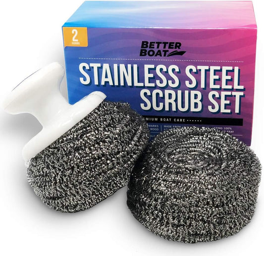 Stainless Steel Scrubber Set, Marine Grade Steel Wool Scouring Pads Scrub with Brush Handle, Heavy Duty Cleaning Supplies for Kitchen,Teak Wood, Outdoor Furniture, and Metal