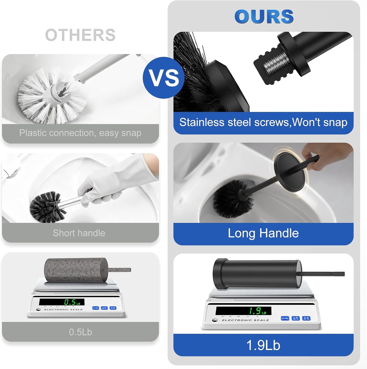 Toilet Brush and Holder Set: 304 Stainless Steel Heavy Duty Toilet Bowl Brush and Holder with Removable Inner Bowl and Splash Protection, Modern Long Handle Bathroom Cleaning Tool