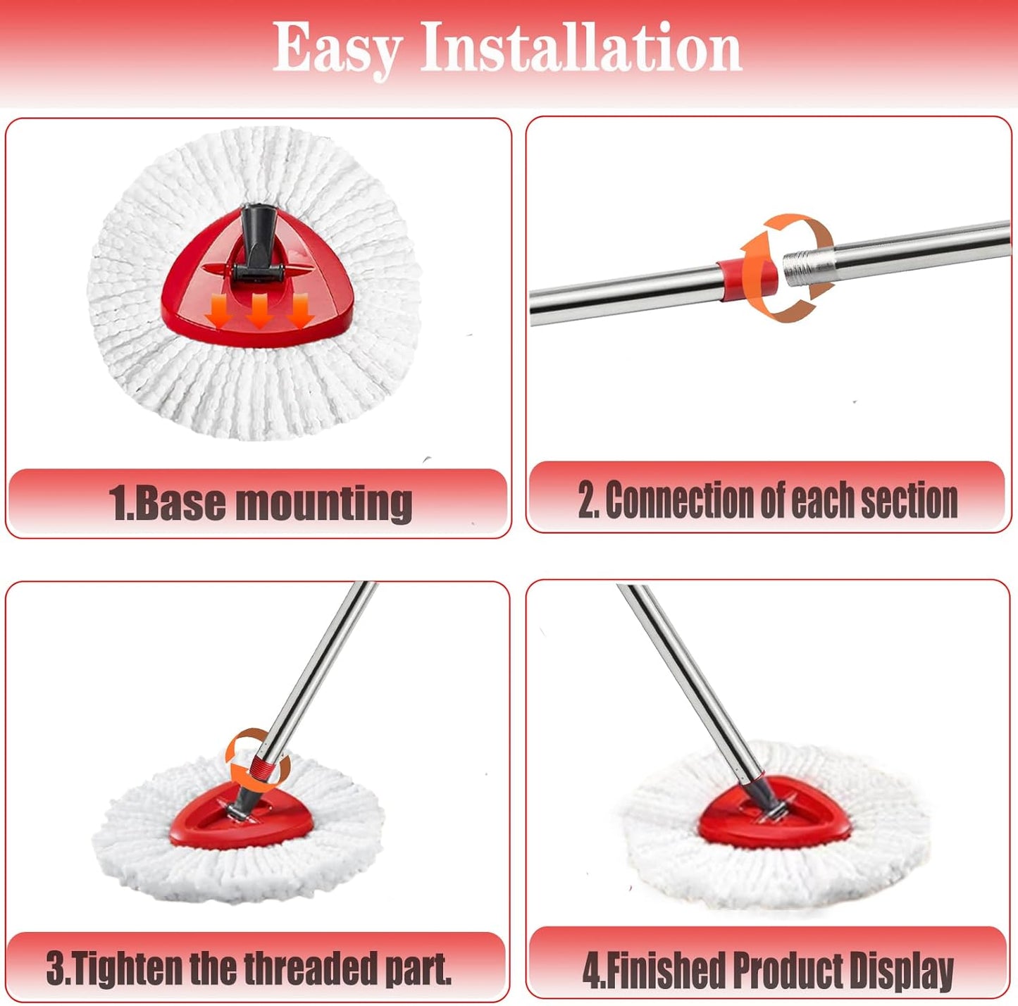 Spin Mop Replacement Head Mop Replace Head Compatible with O Cedar EasyWring Spin Mop - 4 O-Ceda Mop Refills、30-58in Mop Handle and 1 Mop Base and 1 Mop Base Scrub Brush Combo Set