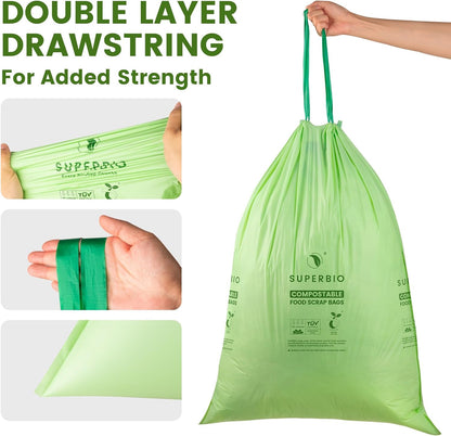 SUPERBIO 4 Gallon Compostable Drawstring Food Scrap Bags,15.1 Liter, 40 Count, 0.9 Mil,Heavy Duty Waste Bags, BPI, Seedling and OK compost INDUSTRIAL