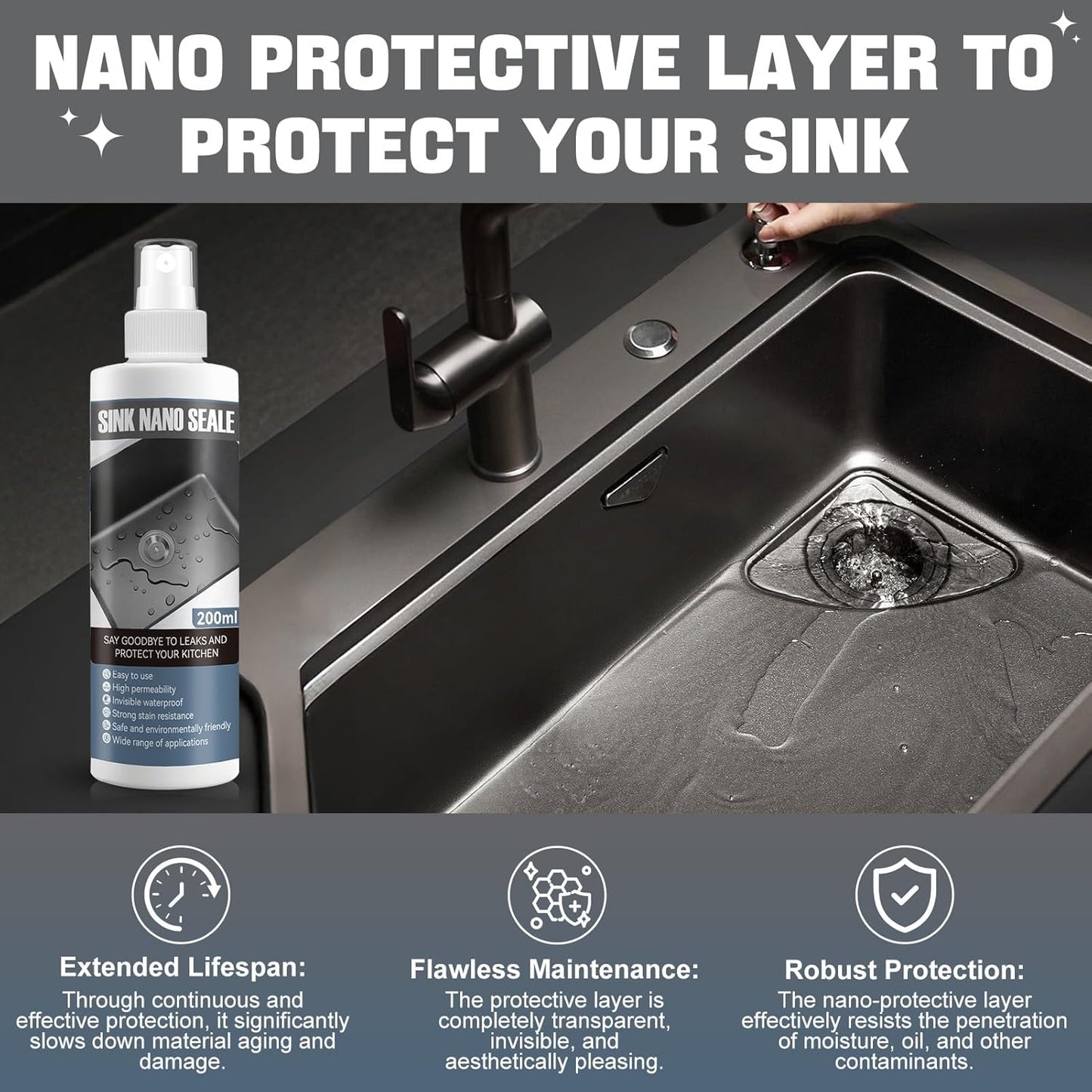 Granite Cleaner and Sealer for Granite Ceramic, Natural Stone Sinks, Restores Shine, Waterproof, All-in-One Cleaning Included 300g Granite Cleaner, 200ml Granite Sealer, 2 Sponges & Microfiber Cloth