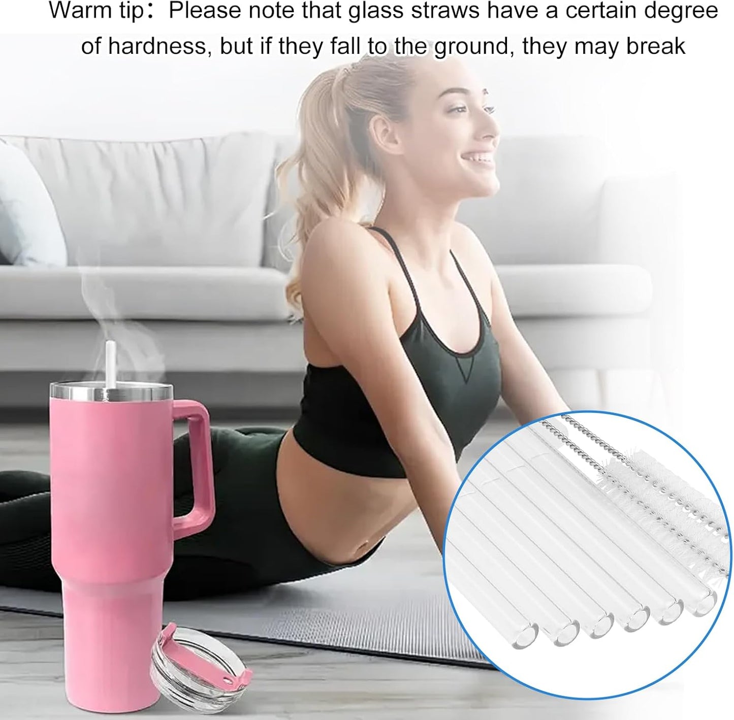 6 Pack Replacement Straws Compatible with Stanley IceFlow 2.0 Flip Straw Tumbler with Handle 40oz, Clear Glass Drinking Straws Set for Smoothies Milkshake with 2 Cleaning Brushes
