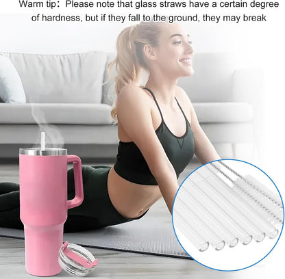 6 Pack Replacement Straws Compatible with Stanley IceFlow 2.0 Flip Straw Tumbler with Handle 40oz, Clear Glass Drinking Straws Set for Smoothies Milkshake with 2 Cleaning Brushes
