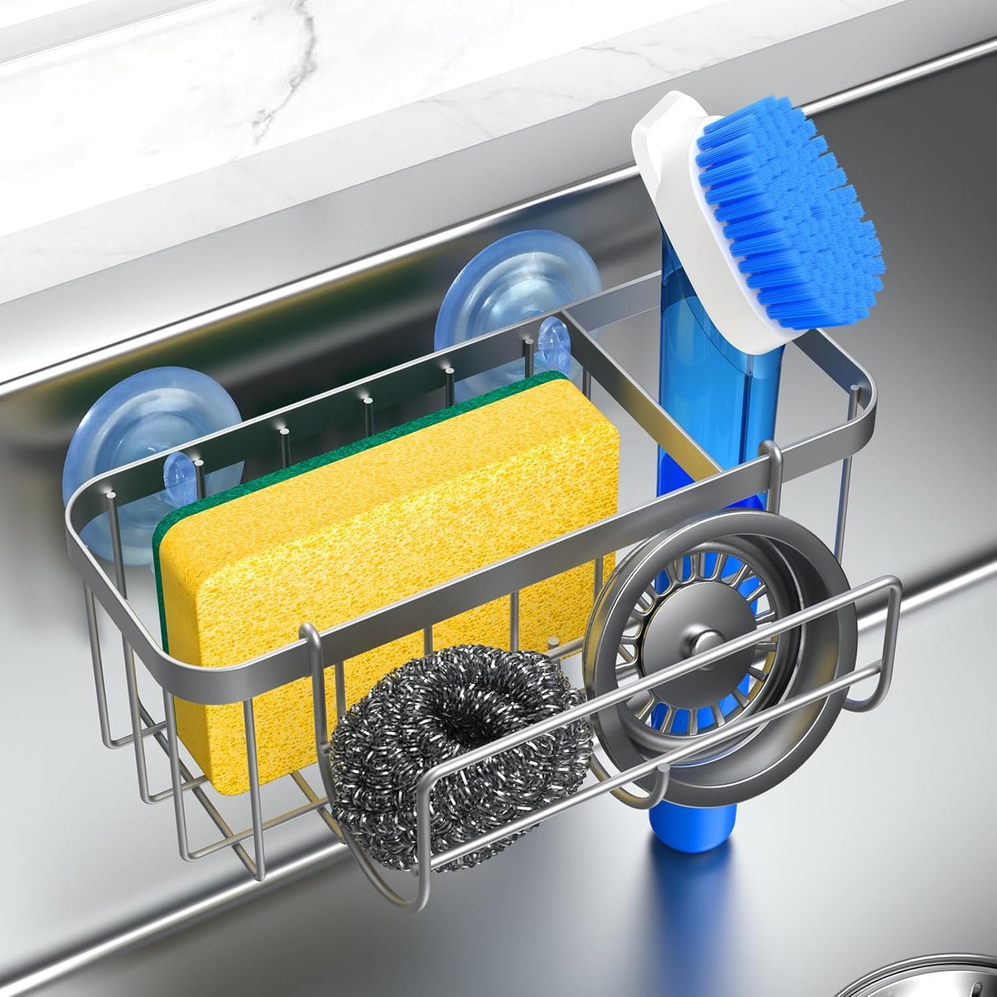 3-in-1 Kitchen Sink Caddy Organizer with Sponge Holder, Brush Holder, Extra Rack for Scrubber, Sink Stopper, Dish Cloth Hanger - Strong Dual Suction Cup, 2.0mm SUS304 Stainless Steel - Grey