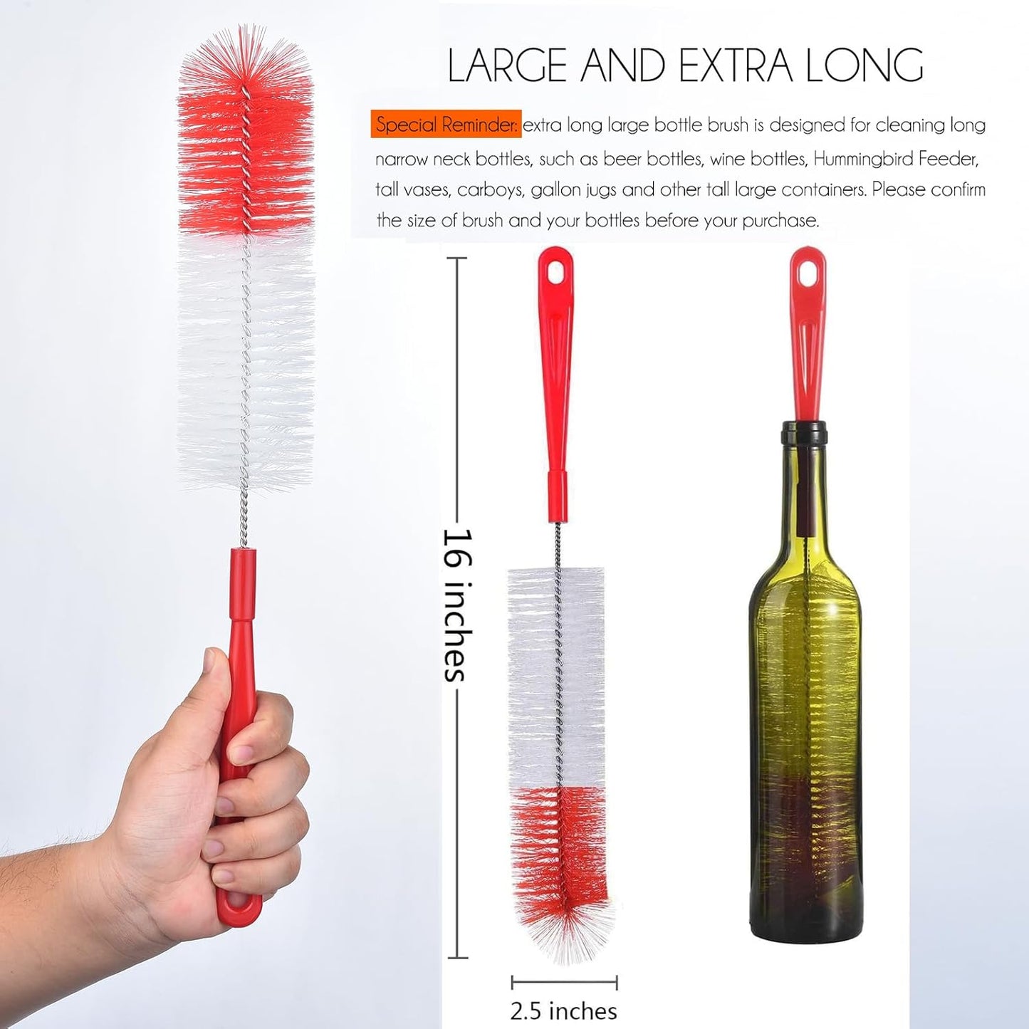 3-Pack Long Bottle Cleaning Brush for Narrow Neck Beer, Wine, Flask, Thermos, Sportwell, Pitcher, Brewing Bottle Cleaner, 16 Inches