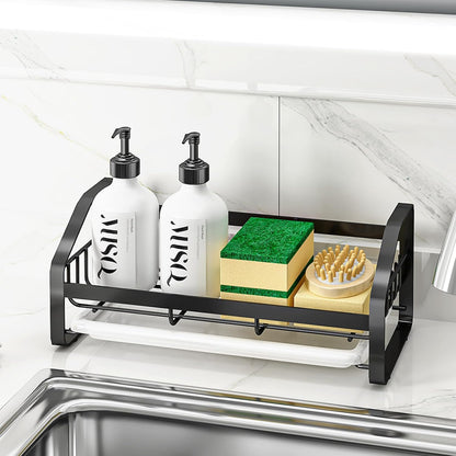 BSKSSK Sink Caddy, Sponge Holder for Kitchen Sink, Bathroom Sink Organizer, 304 Stainless Steel Kitchen Countertop Organizer Soap Tray with Removable Drain Tray-Black