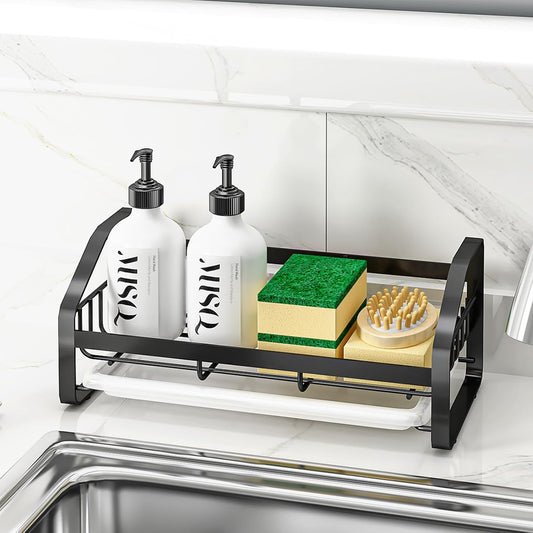 BSKSSK Sink Caddy, Sponge Holder for Kitchen Sink, Bathroom Sink Organizer, 304 Stainless Steel Kitchen Countertop Organizer Soap Tray with Removable Drain Tray-Black