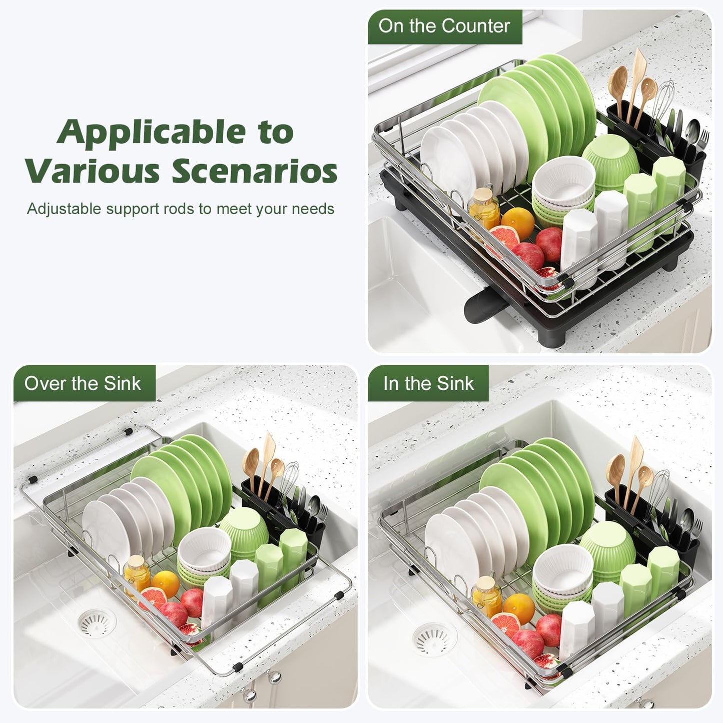 JASIWAY Dish Drying Rack in Sink, Expandable Stainless Steel Dish Drainers for Kitchen Counter, Dish Dryer Rack for Inside Sink, Over The Sink Dish Racks with Utensil Holder, Silver