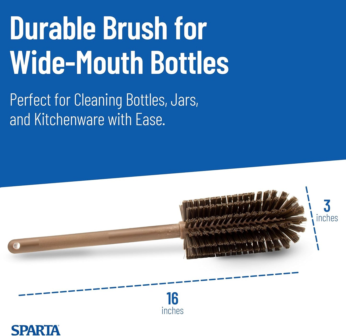 SPARTA Large Water Bottle Brush Ideal for Wide-Mouth Jars, Bottles and Tumblers, Dishwashing Tool with Handle for Home and Commercial Kitchens, Plastic, 12 Inches, White
