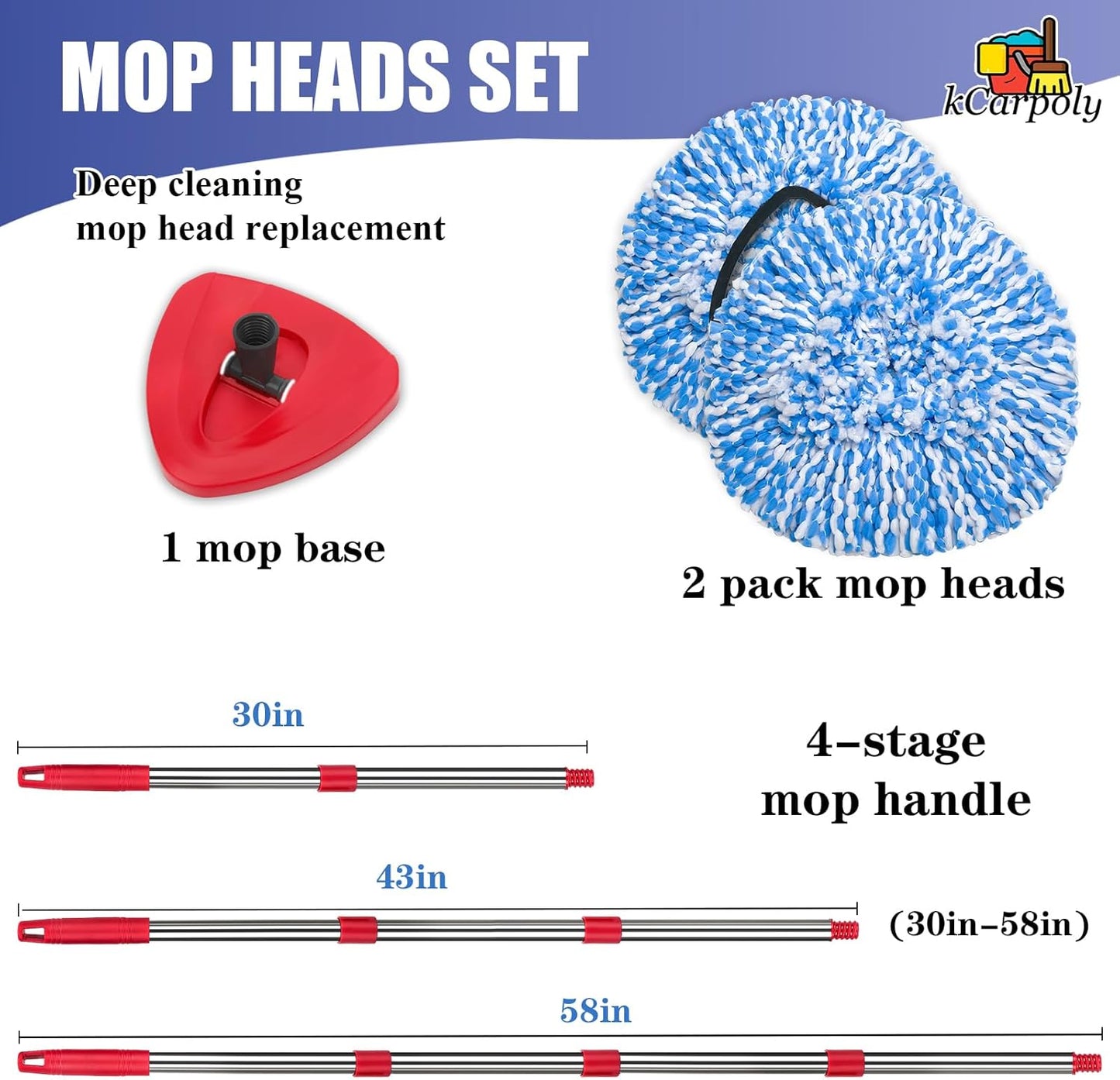 4 Pack Spin Mop Replacement Heads Compatible for O Ceda EasyWring 1-Tank Triangle System, Microfiber Mop Refills for 5.9inch Core,Deep Cleaning, Included Base and Handle