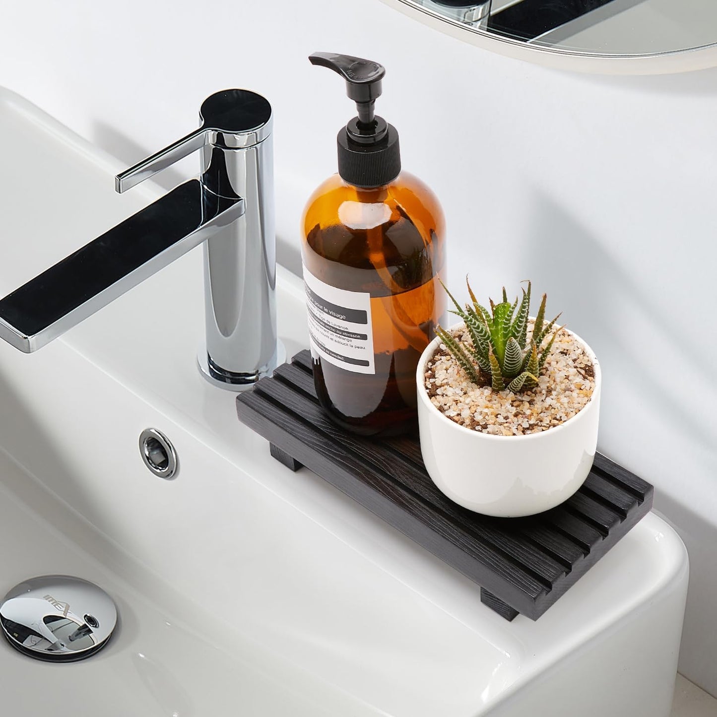 Renawe Small Kitchen Sink Soap Tray for Counter Soap Dish Dispenser Holder Wooden Risers Stand for Bathroom Decor Farmhouse Wood Pedestal Kitchen Accessories Countertop Vanity Counter Decorative Tray