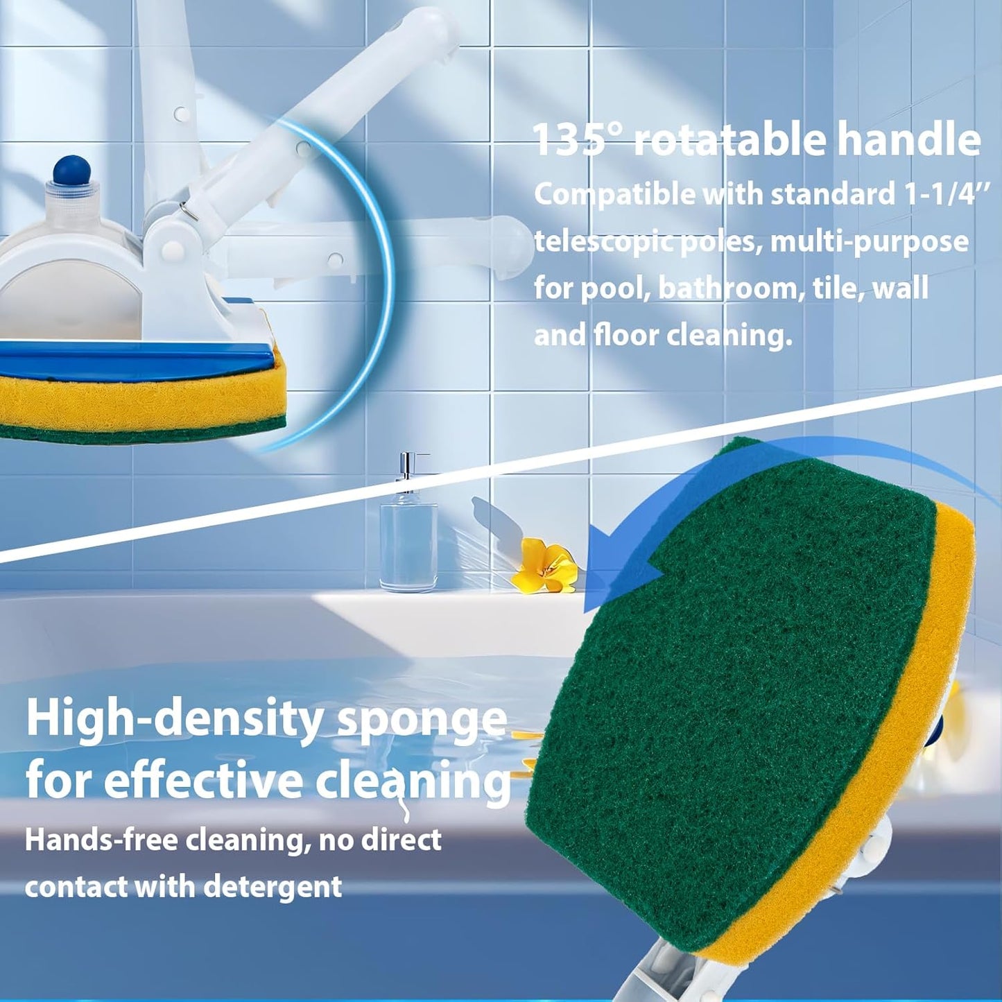 KGC Handheld Pool Scrub Brush with a Replacement Sponge, Pool Must Have Scouring Sponge Pad - Non-Scratch Cleaner for Pool Tile Grout, Vinyl Liners, Spas, Hot Tubs, Kitchen & Bathroom Tub Shower