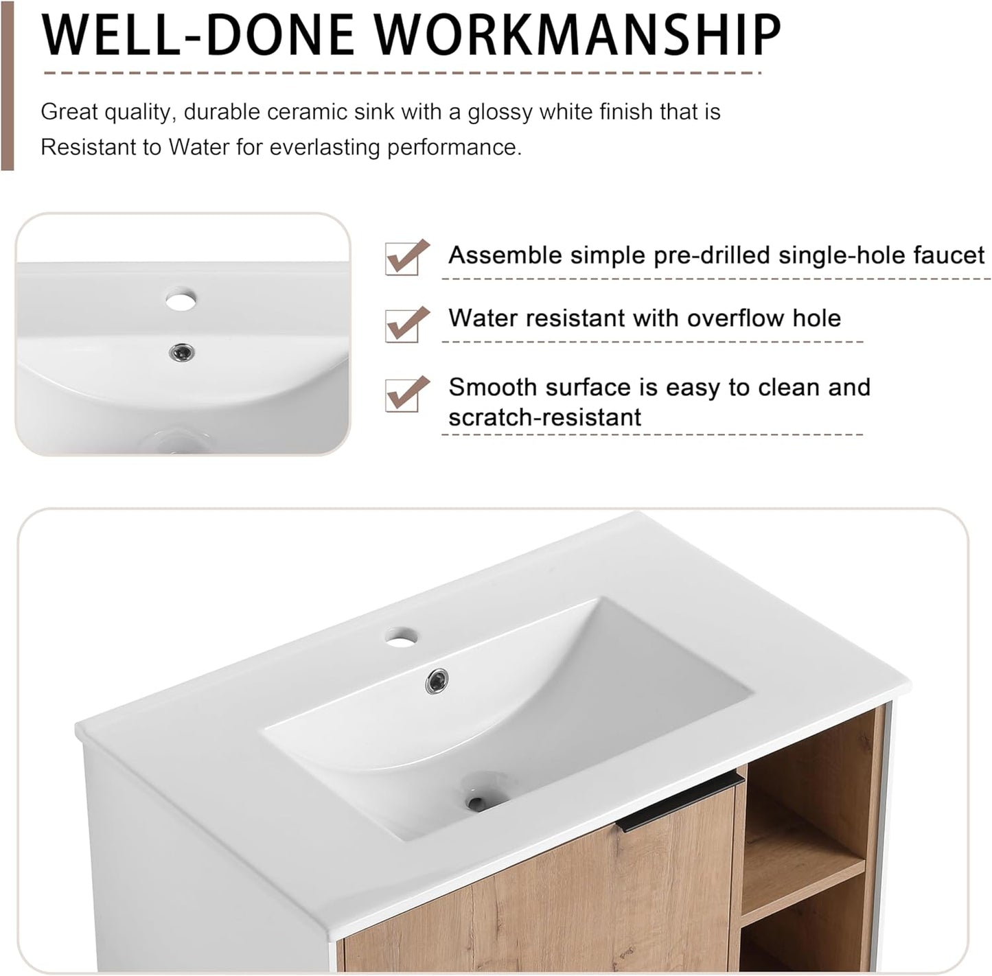 SSLine Modern 24-Inch Bathroom Vanity with Sink Wall Mounted Bathroom Vanity with Top Basin & Storage Cabinet White Wood Floating Vanity w/Ceramic Sink & Gold/Black Handles for Small Space