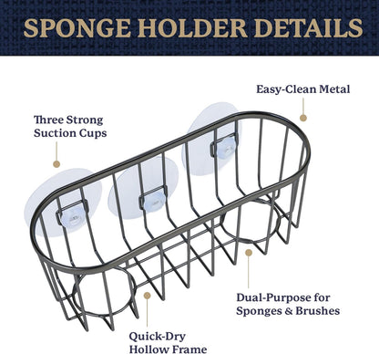 Farberware Sponge Holder for Kitchen Sink—Brushed Metal Sink Caddy Organizer with Triple Suction Cups, Kitchen Organizer for Sponges, Brushes, Soap & Cleaning Essentials