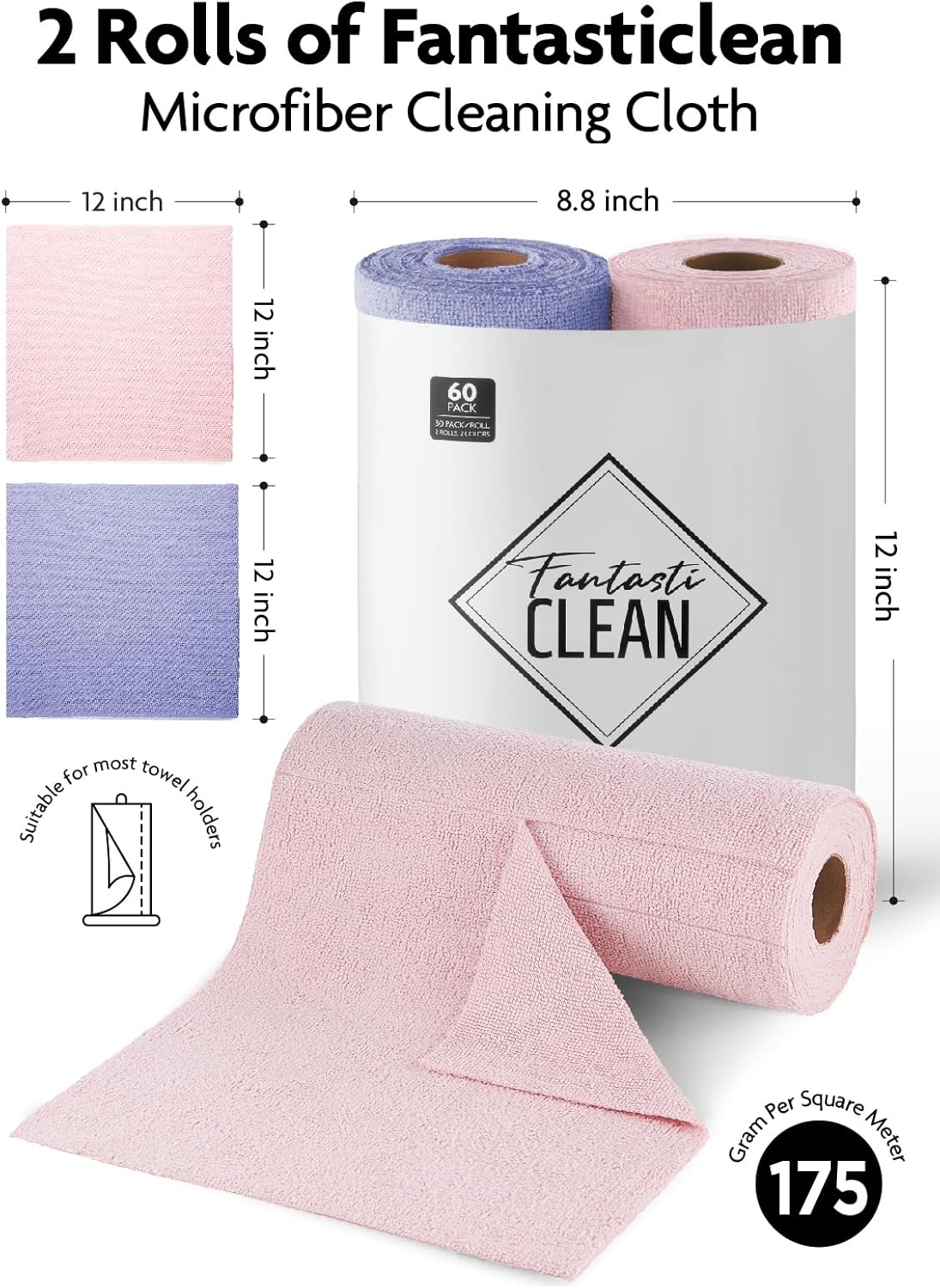 Fantasticlean Microfiber Cleaning Cloth Roll -40 Pack, Tear Away Microfiber Towels, 12" x 12", Reusable, Washable, Scratch Free, Ultra Absorbent Dishcloth for All-Around Cleaning Supplies (White)