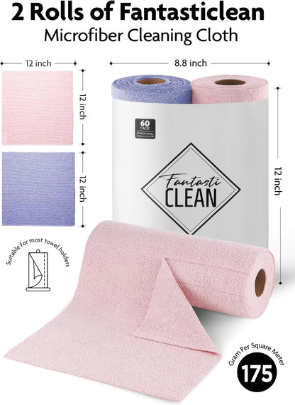 Fantasticlean Microfiber Cleaning Cloth Roll -40 Pack, Tear Away Microfiber Towels, 12" x 12", Reusable, Washable, Scratch Free, Ultra Absorbent Dishcloth for All-Around Cleaning Supplies (White)