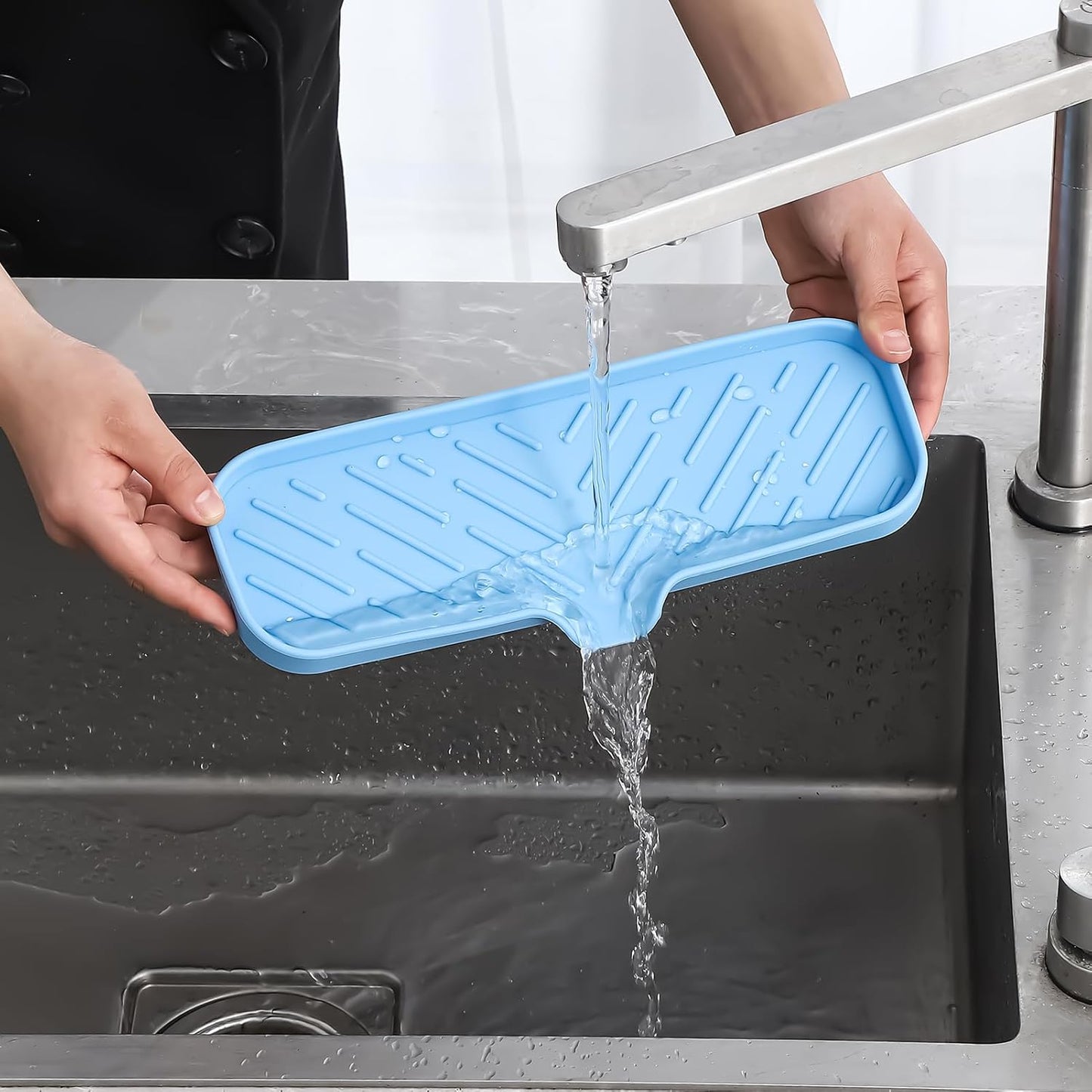 MicoYang Silicone Bathroom Soap Dishes with Drain Spout-Bathroom and Kitchen Sink Organizer,Sponge Holder,Dish Soap Tray,Perfect for Dispenser,Scrubber,Bottle,Cup on Sink or Counter-Black 4.9"×3.2"