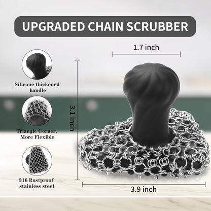 Cast Iron Scrubber with Pan Scraper, 316 Chainmail Scrubber, Upgraded Chain Mail Scrubber Sponge, Cast Iron Cleaner for Pan Skillet Wok Carbon Steel, Dutch Oven Metal Brush Cleaning Kit, Black