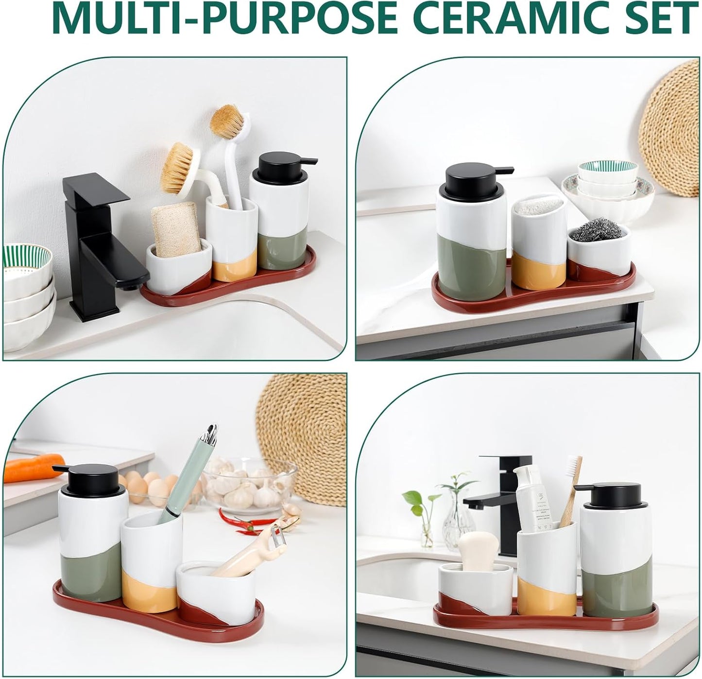 BosilunLife Kitchen Sink Caddy Set – 4-Piece Ceramic Soap Dispenser 12oz with Sponge & Utensil Holders on Drip Tray for Kitchen & Bathroom Countertop Organization (Liquid Pump)