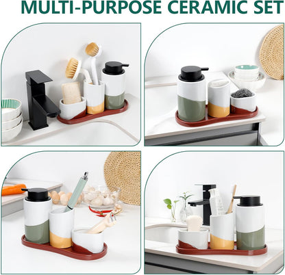 BosilunLife Kitchen Sink Caddy Set – 4-Piece Ceramic Soap Dispenser 12oz with Sponge & Utensil Holders on Drip Tray for Kitchen & Bathroom Countertop Organization (Liquid Pump)