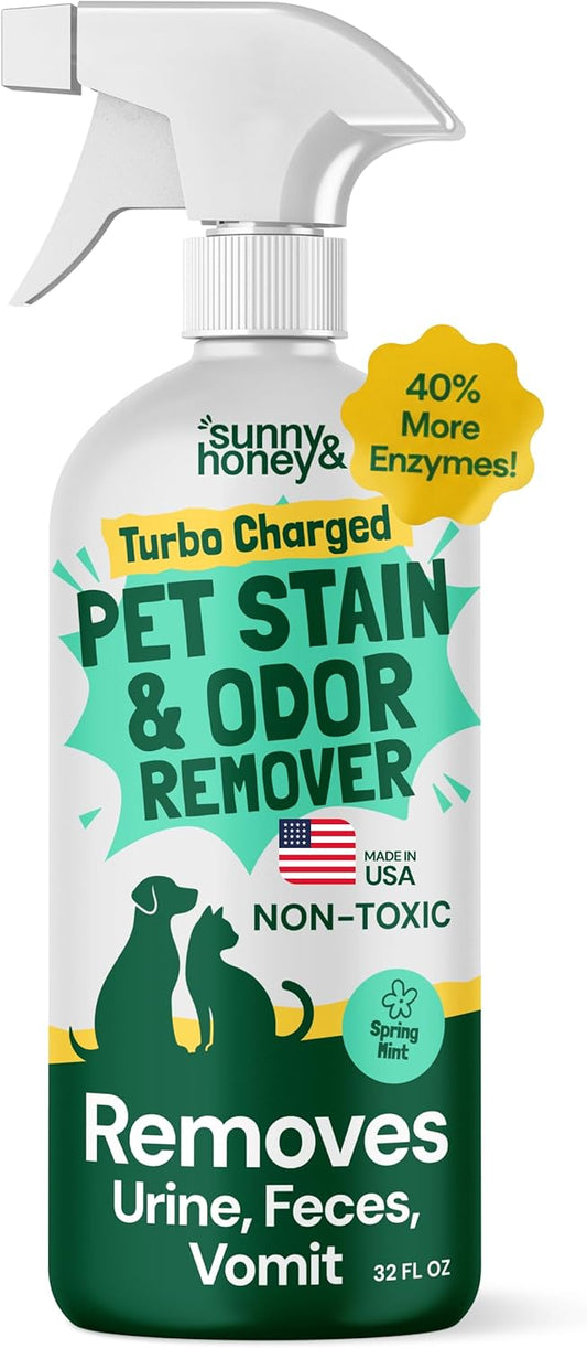 Sunny & Honey Pet Stain and Odor Remover - Enzyme Cleaner for Dog Urine and Poop on Carpets and Furniture - Strong Pet Carpet Cleaner Spray (32fl oz Mint)