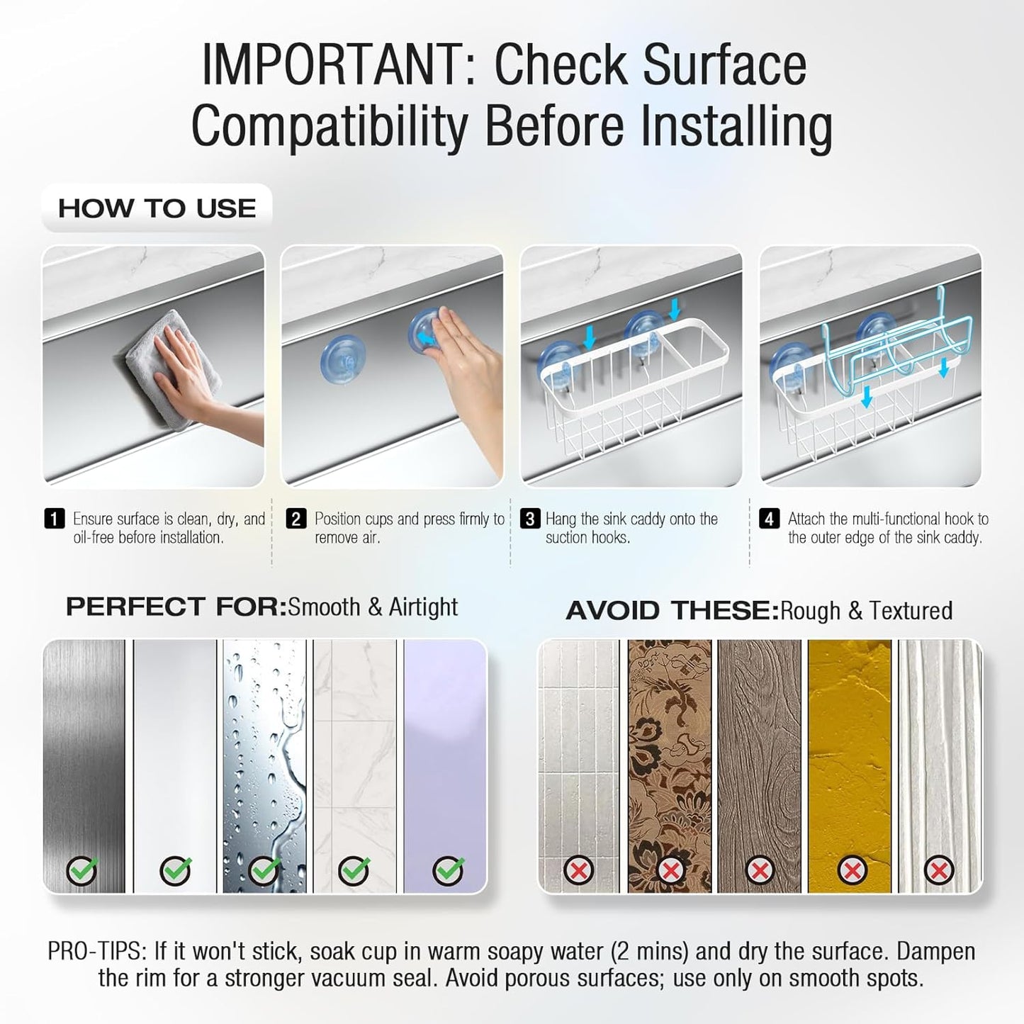 3-in-1 Kitchen Sink Caddy Organizer with Sponge Holder, Brush Holder, Extra Rack for Scrubber, Sink Stopper, Dish Cloth Hanger - Strong Dual Suction Cup, 2.0mm SUS304 Stainless Steel - Grey