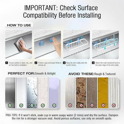 3-in-1 Kitchen Sink Caddy Organizer with Sponge Holder, Brush Holder, Extra Rack for Scrubber, Sink Stopper, Dish Cloth Hanger - Strong Dual Suction Cup, 2.0mm SUS304 Stainless Steel - Grey