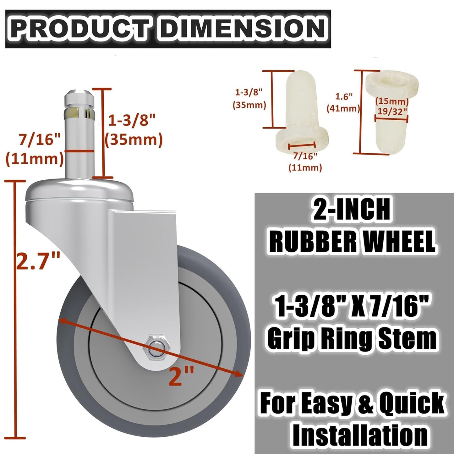 RILIDRI 3-Inch Swivel Stem Caster for Rubbermaid Mop Bucket Utility Cart, 7/16-Inch Stem Diameter Rubber Wheel Set of 4, Heavy Duty TPR Weber Grills Shop Vac Replacement Wheels