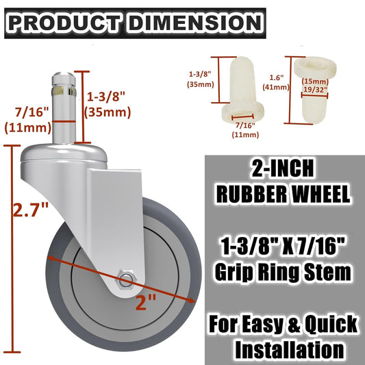 RILIDRI 3-Inch Swivel Stem Caster for Rubbermaid Mop Bucket Utility Cart, 7/16-Inch Stem Diameter Rubber Wheel Set of 4, Heavy Duty TPR Weber Grills Shop Vac Replacement Wheels