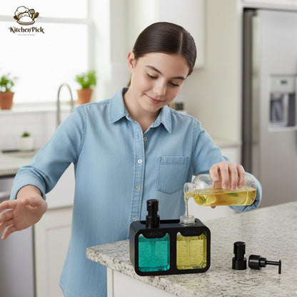 2-in-1 Kitchen Sink Liquid Dish Soap Dispenser Set for Hands and Dishes, Matte Black Dual Refillable Pump Bottle, with Sponge Caddy & Brush Holder, Countertop Organizer Gadget