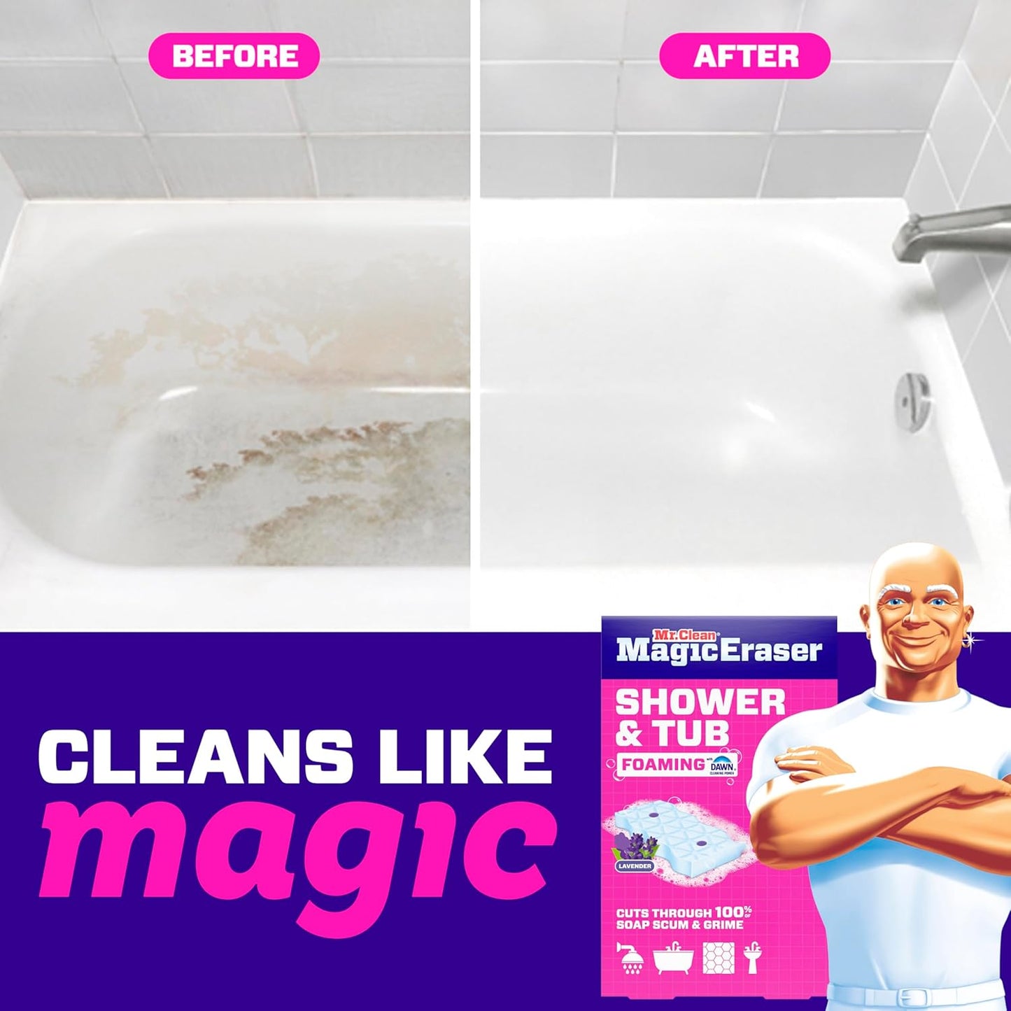 Mr. Clean Magic Eraser Sponge, Bathroom Cleaner, Shower Cleaner, Tub Cleaner, Soap Scum Remover, Bathroom Cleaning Supplies, Dawn Cleaning Power with Febreze Lavender Scent, 5ct