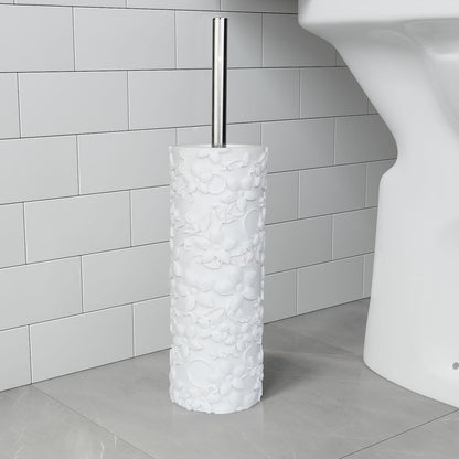 White Floral Branches Design Resin Toilet Bowl Brush and Holder Set, Elegant Bathroom Cleaning Tool with Durable Bristles, Compact and Functional