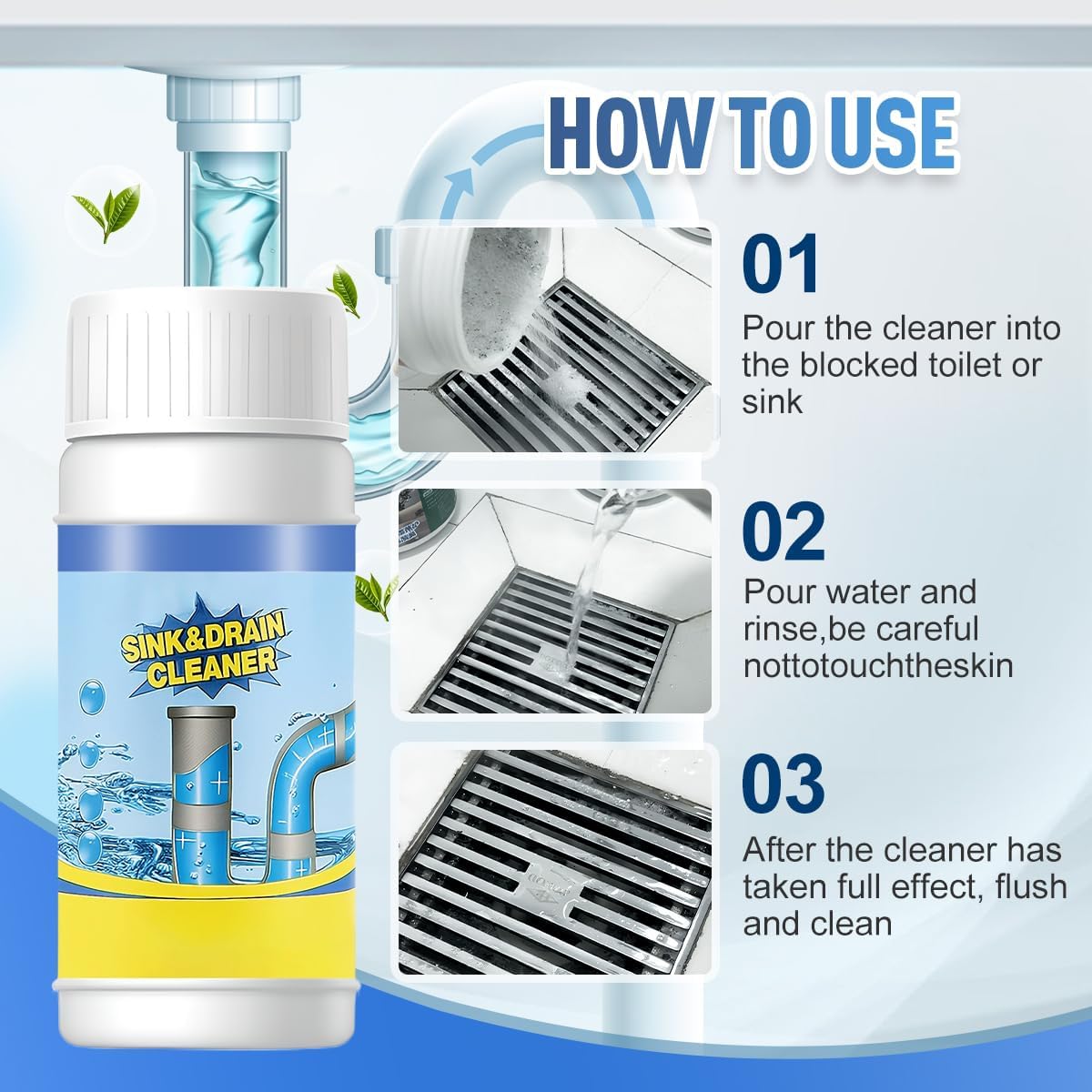 Sink and Drain Cleaner, Pipeline Dredging Agent, Sink and Drain Cleaner Powder, Multi-functional Fast-Acting Pipe Dredging Agent for Kitchen and Toilet Pipeline (2pcs)