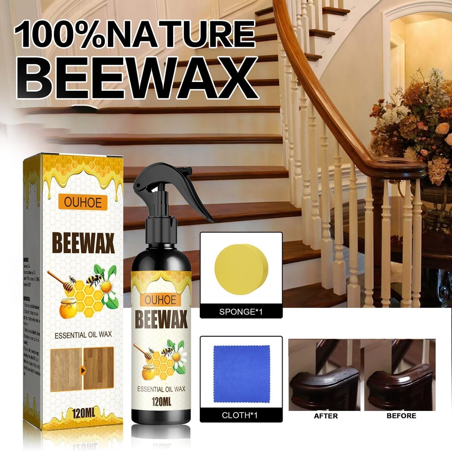Beeswax Wood Polish - Furniture Polish - Wood Cleaner - Wood Floor Polish - Applicable To Living Room, Kitchen and Wooden Furniture Floors. (1Pcs)