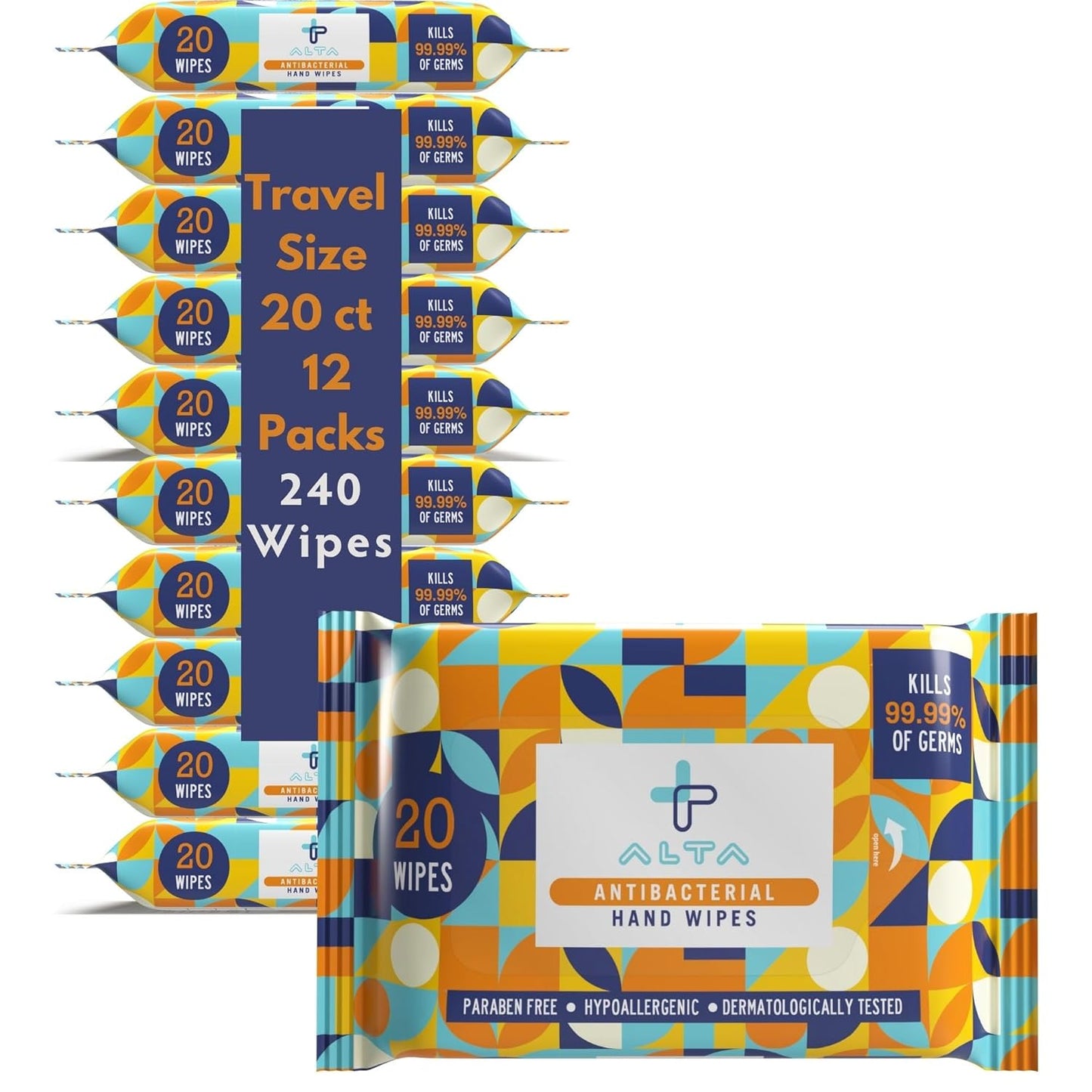 ALTA + Alcohol Free Hand Sanitizing Wipes, Travel Size, 20 Wipes, 6 Packs, Total 120 Pieces