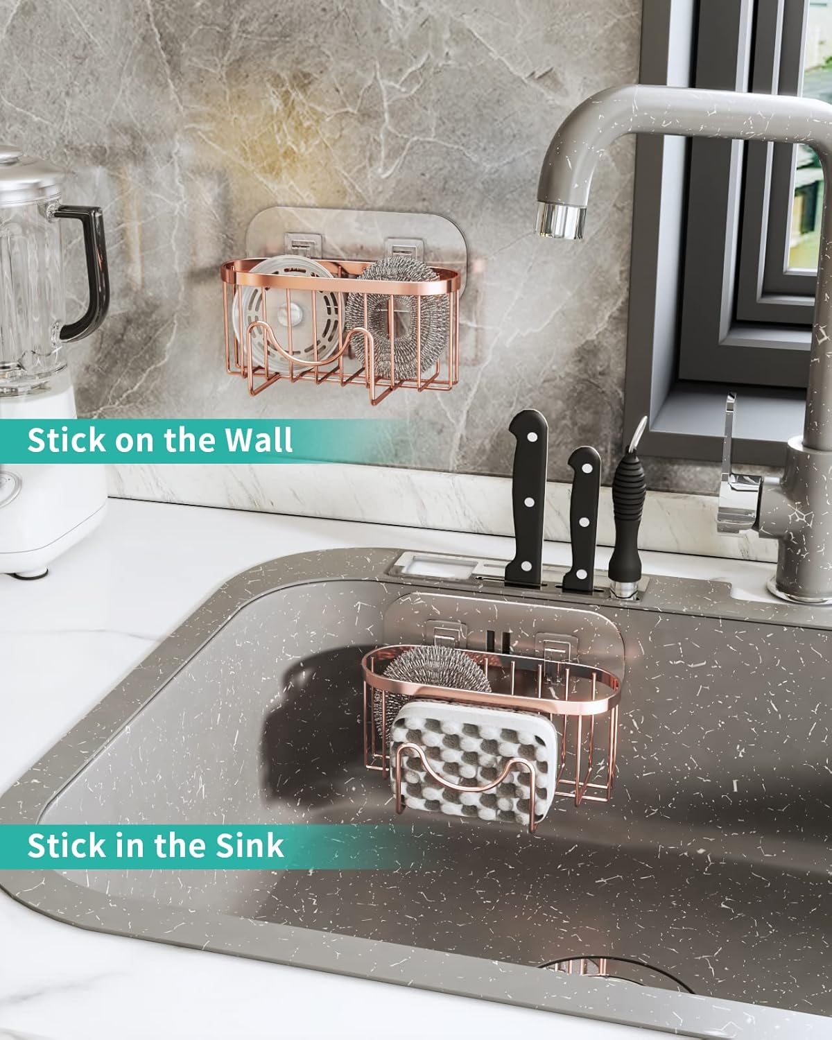 HapiRm Multifunctional Sponge Holder with Unique M-Shaped, 2 Installation Methods Kitchen Sink Caddy Organizer, Rustproof Stainless Steel Kitchen Organizers and Storage Essentials - Black