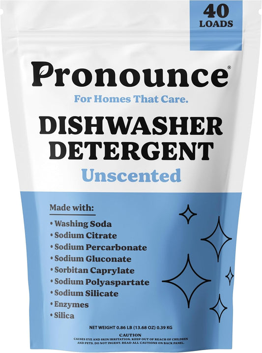 Pronounce Dishwasher Detergent Powder - Cleaner Ingredients, Fragrance Free - Ultra Concentrated, Cuts Grease and Grime, Dishwasher Pods Alternative (Residue-Free). (80 Loads, Unscented)