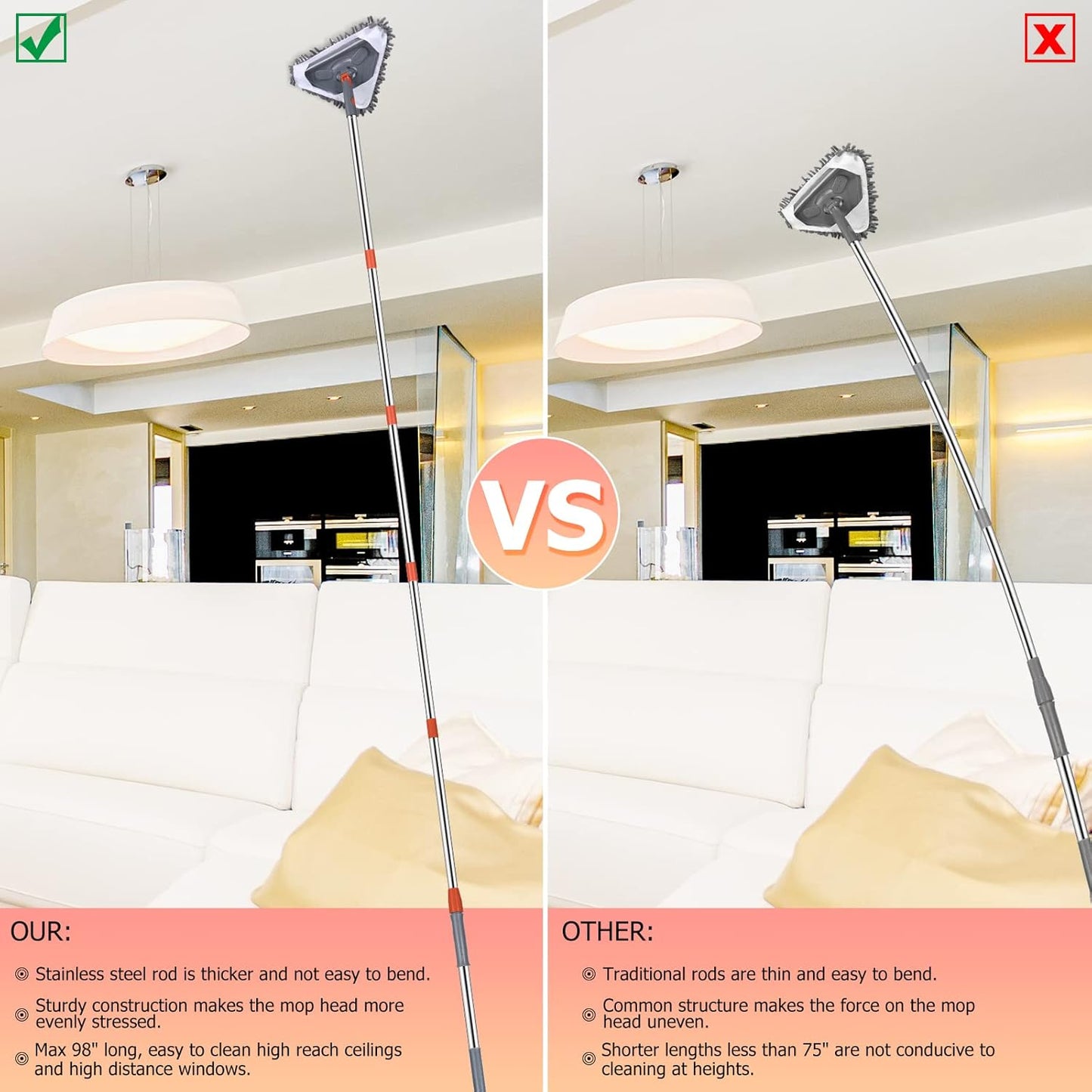 Wall Cleaner 98 Inch Wall Cleaner with Long Handle,HoMerit Wall Cleaner Mop 360° Rotatable Adjustable Cleaning Mop,Ceiling Dust Mop,Wall Cleaning Tool for Walls/Baseboard/Floors,6 Replacement Pads