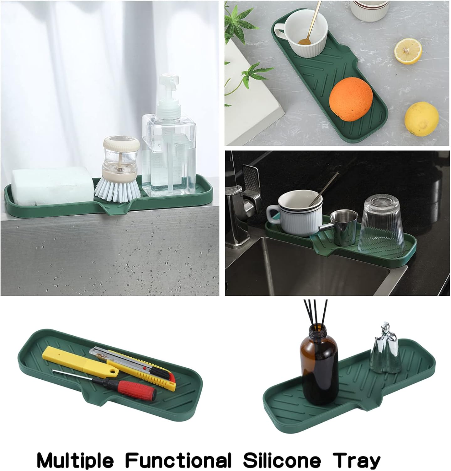 MicoYang Silicone Bathroom Soap Dishes with Drain Spout-Bathroom and Kitchen Sink Organizer,Sponge Holder,Dish Soap Tray,Perfect for Dispenser,Scrubber,Bottle,Cup on Sink or Counter-Black 4.9"×3.2"