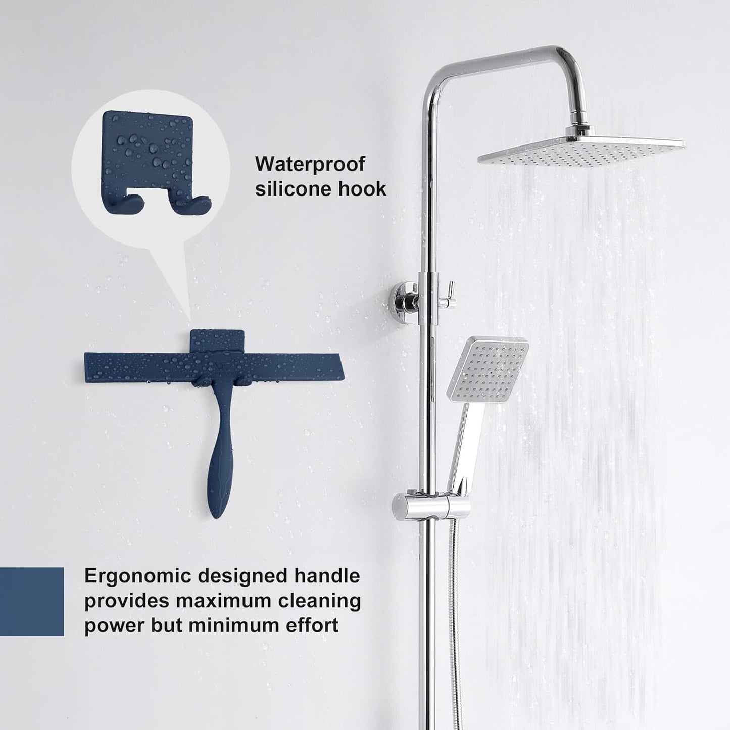 Squeegee for Shower Glass Door, 11-Inch Shower Squeegee for Glass Doors, Bathroom Silicone Squeegees Wiper for Shower with Non-Slip Handle, No-Drilling Silicone Hanging Hook, for Tiles, Mirror(White)