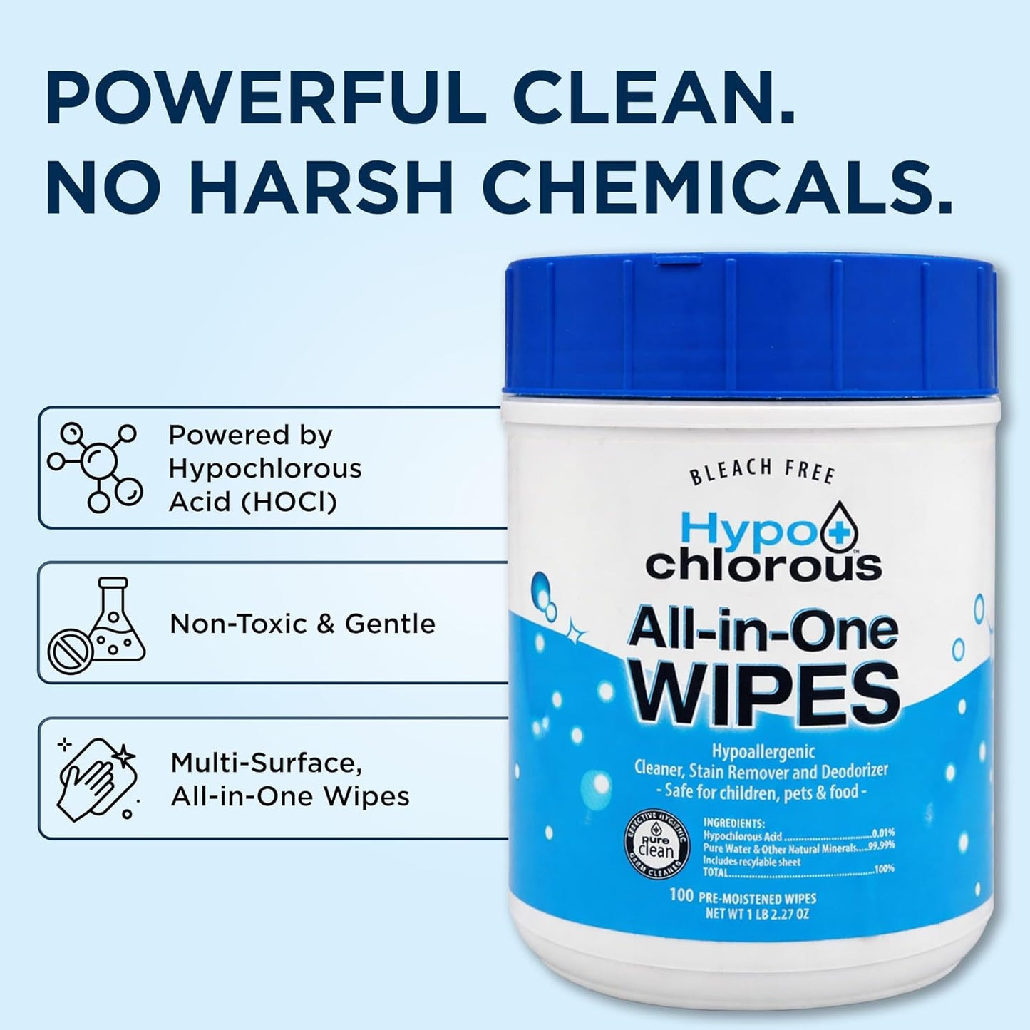 Hypochlorous Acid Wipes – 100 Count Non-Toxic Cleaner for Skin, Baby, Pet, Home & Gym – Bleach-Free