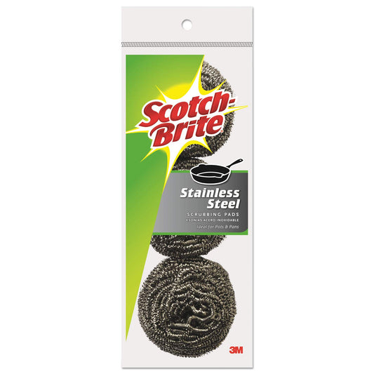 Scotch-Brite 214C Metal Scrubbing Pads, 2 1/2-Inch x 2 3/4-Inch, Stainless Steel, Silver, 3/Pk, 8 Pks/CT