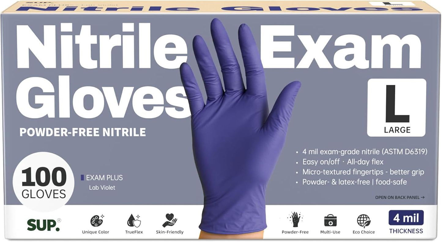 SUP Powder-Free Nitrile Exam Gloves, 100 Count Food Safe Latex-Free Medical Non-Sterile Cooking Disposable Glove, Blue Violet