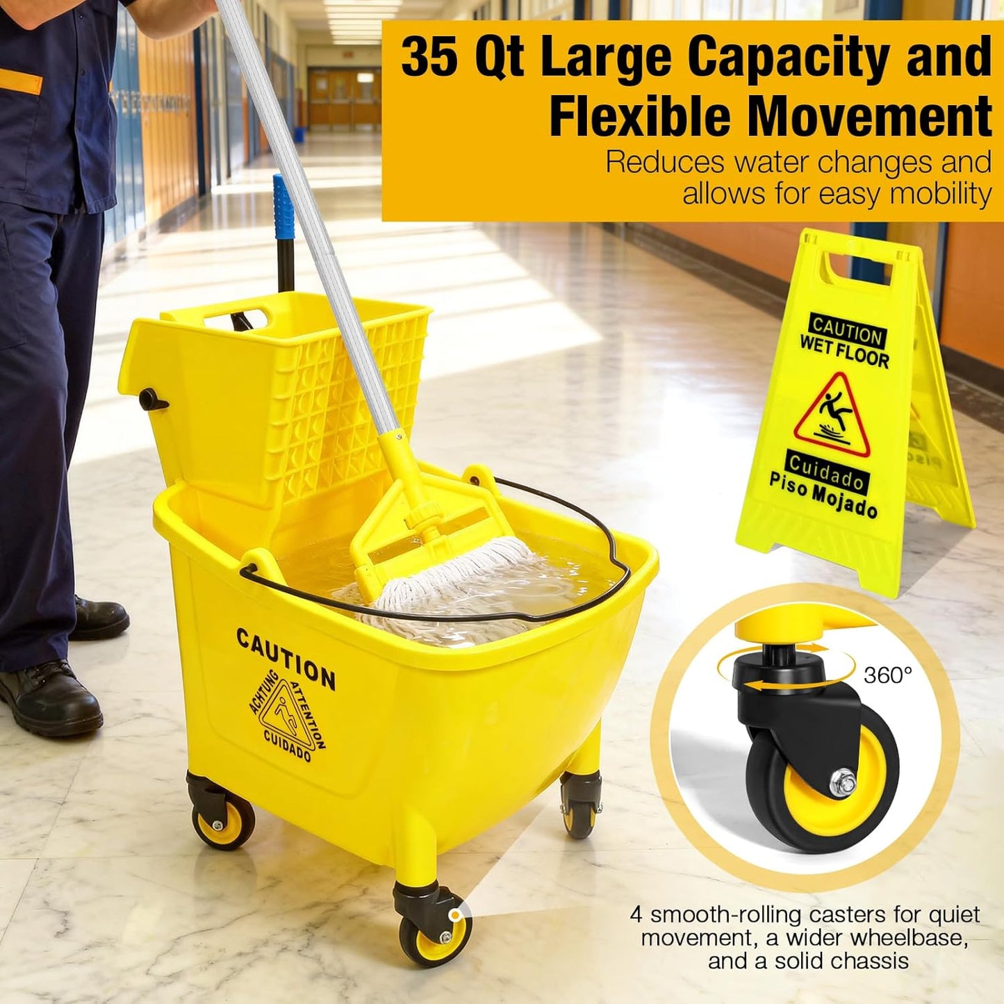 35 Qt Commercial Mop Bucket with Side Press Wringer on Wheels,Heavy Duty Industrial Mop and Bucket Set for Floor Cleaning,Including 1 Wet Floor Caution Sign for Household and Business,Yellow